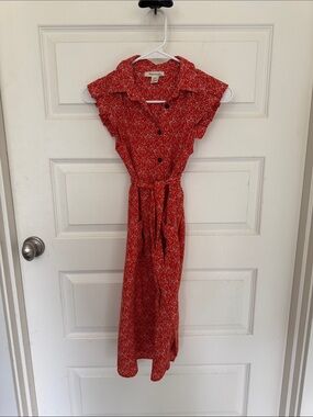 Monteau Red Button-Front Midi Dress with Tie Waist
